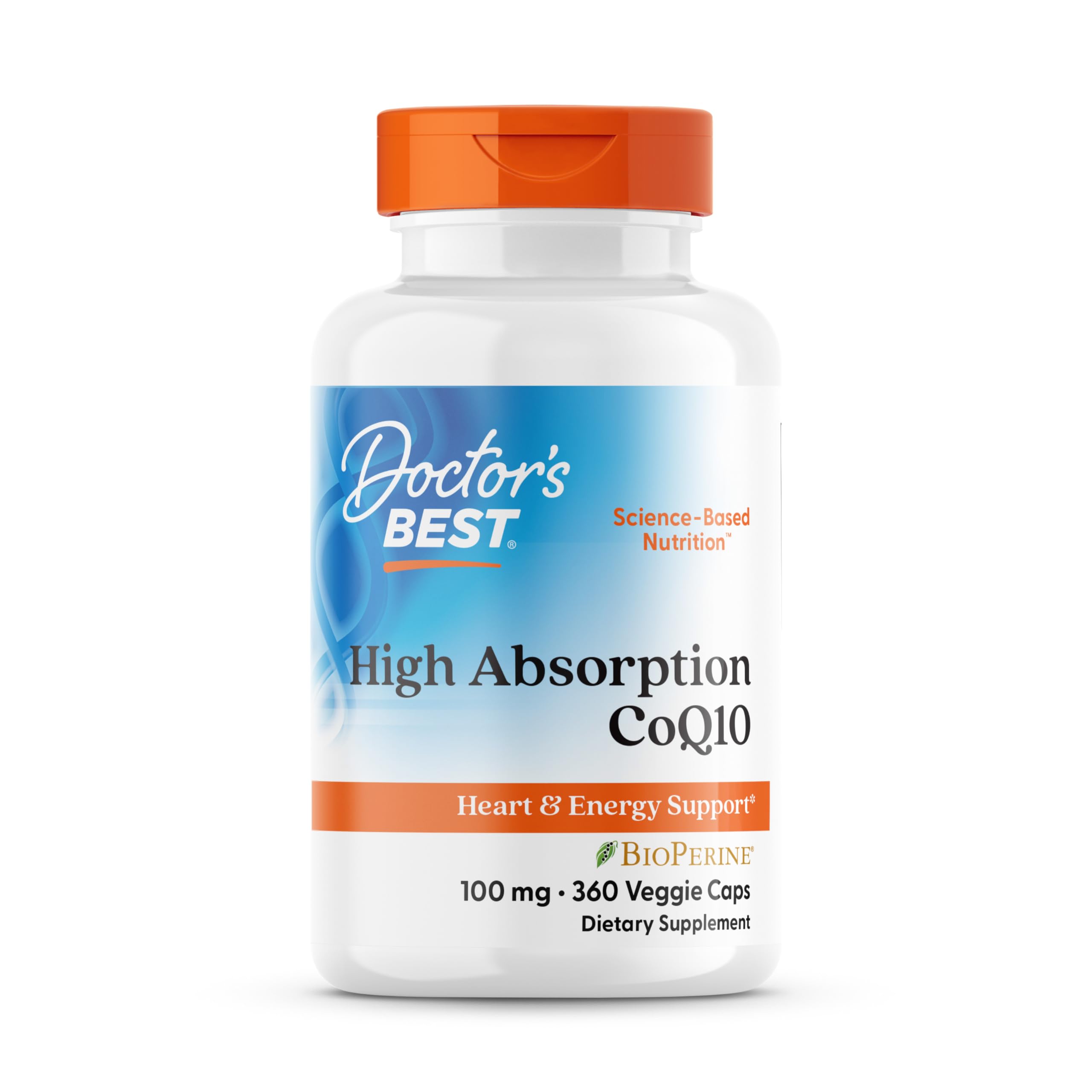Doctor's Best CoQ10 alta absorcion en botella, posible apoyo a la energia diaria.
