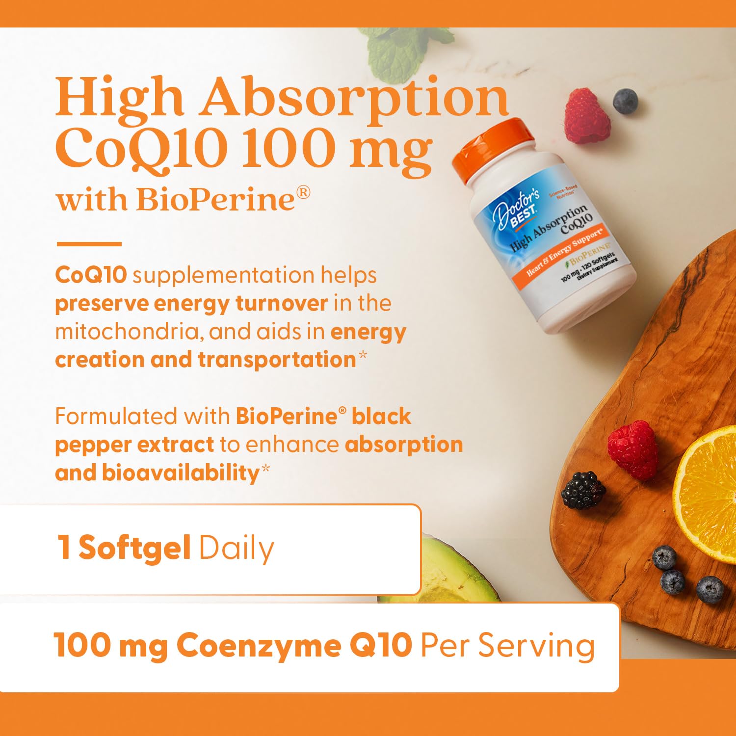 Doctor's Best CoQ10 apoya la salud cardíaca y la energía en la vida diaria.