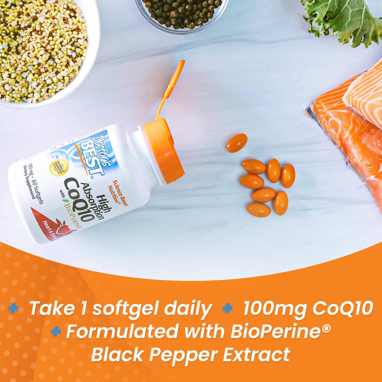 Doctor's Best CoQ10 con BioPerine, uso diario recomendado para apoyar energía sostenida.