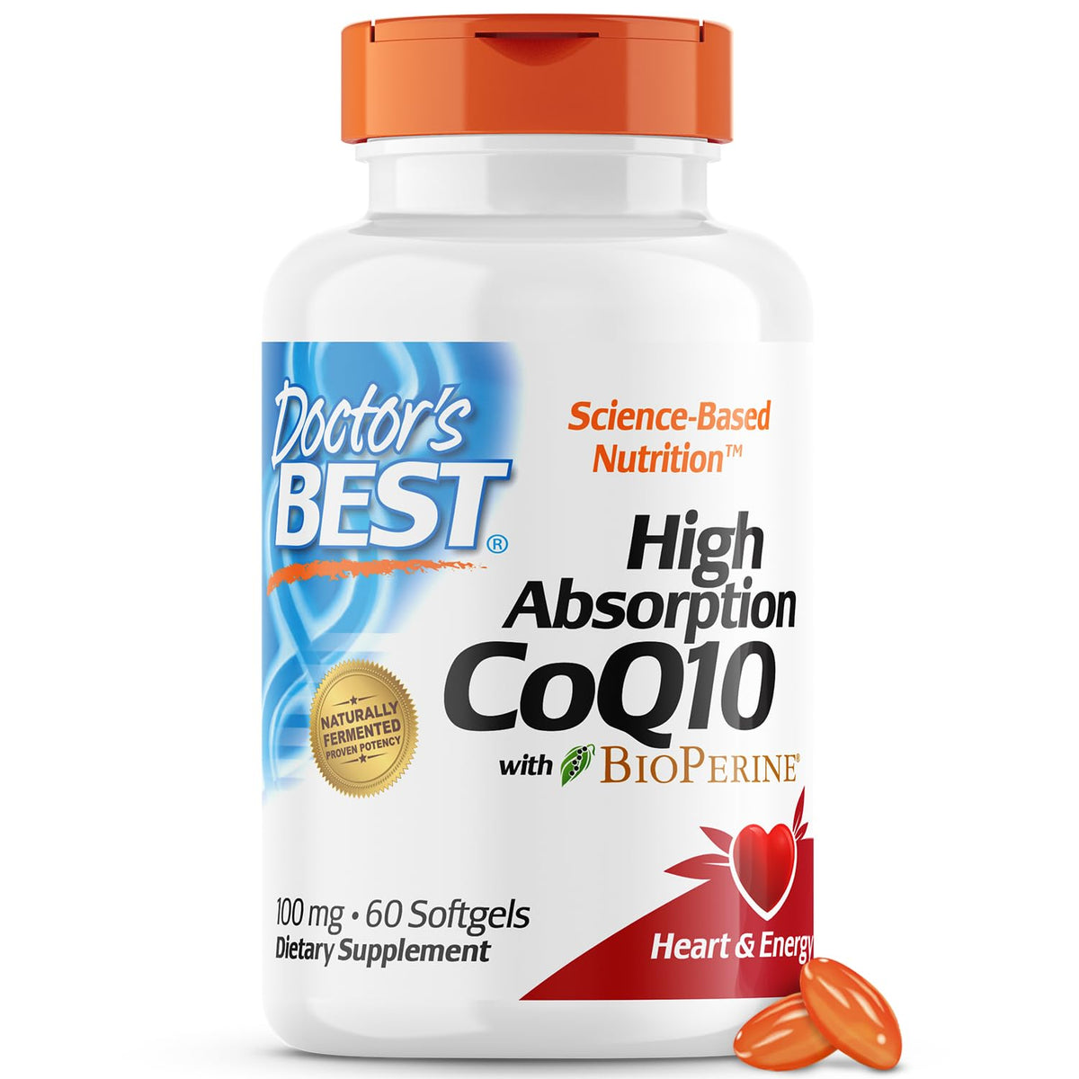Doctor's Best CoQ10 con BioPerine, botella frontal para apoyo diario de energía.