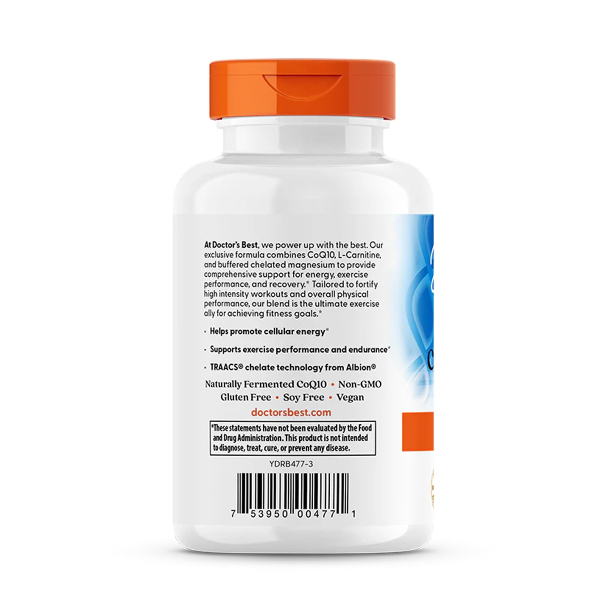 Doctor's Best CoQ10 L-Carnitina Magnesio frasco en mano para energía diaria.