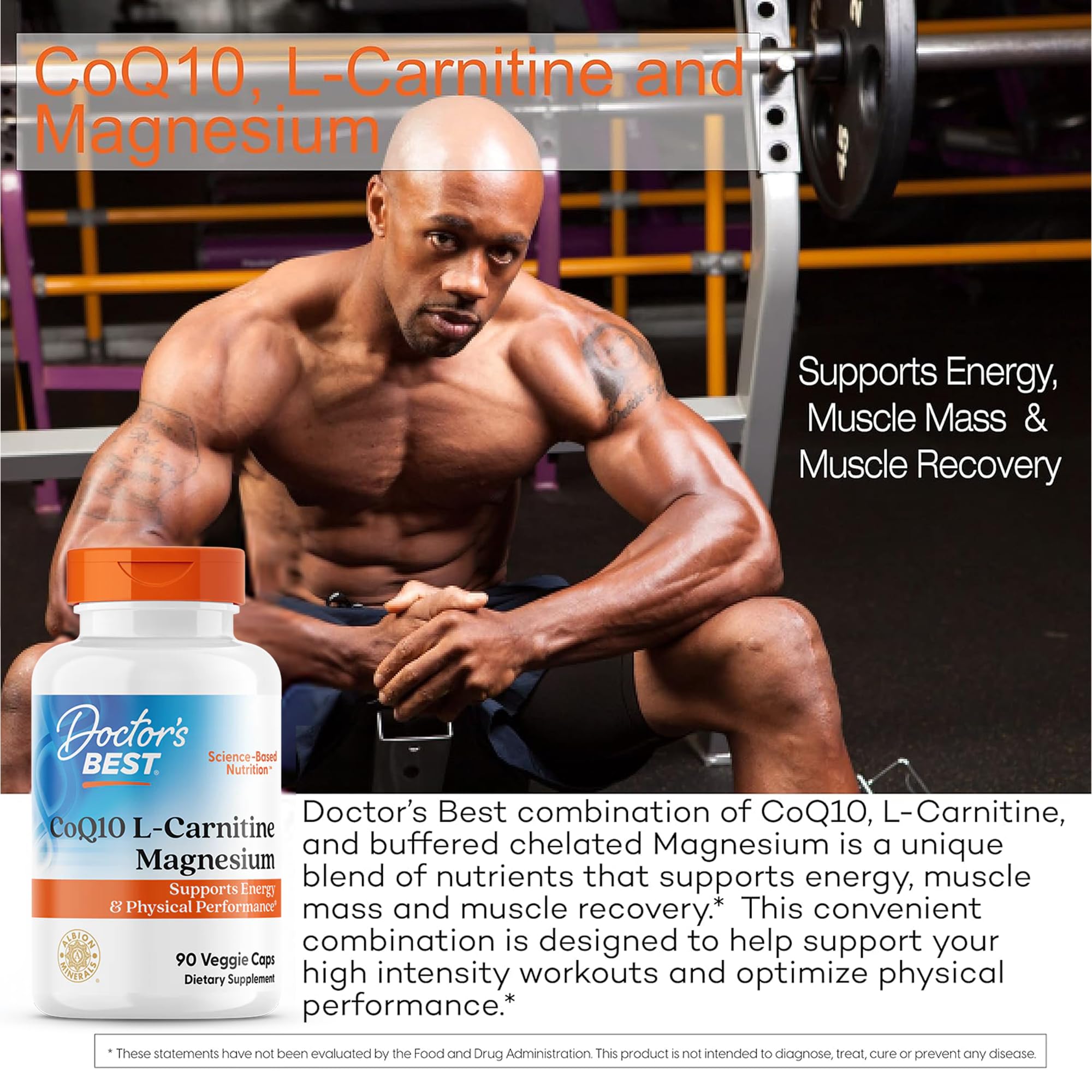 Doctor's Best CoQ10 L-Carnitina Magnesio cápsulas listas para tomar durante entrenamientos.