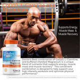Doctor's Best CoQ10 L-Carnitina Magnesio cápsulas listas para tomar durante entrenamientos.