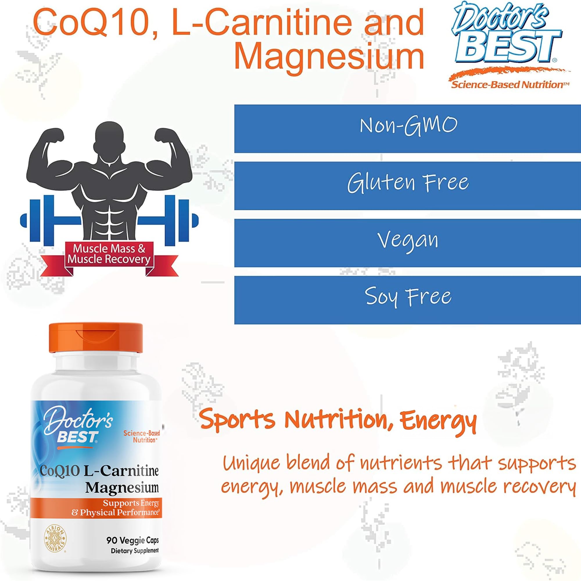 Doctor's Best CoQ10 L-Carnitina Magnesio envase exterior listo para compra.