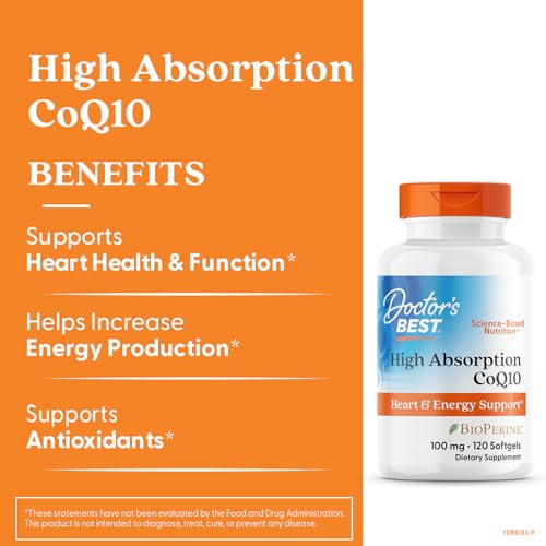 Doctor's Best CoQ10 sin gluten y sin OGM para bienestar cardiovascular.
