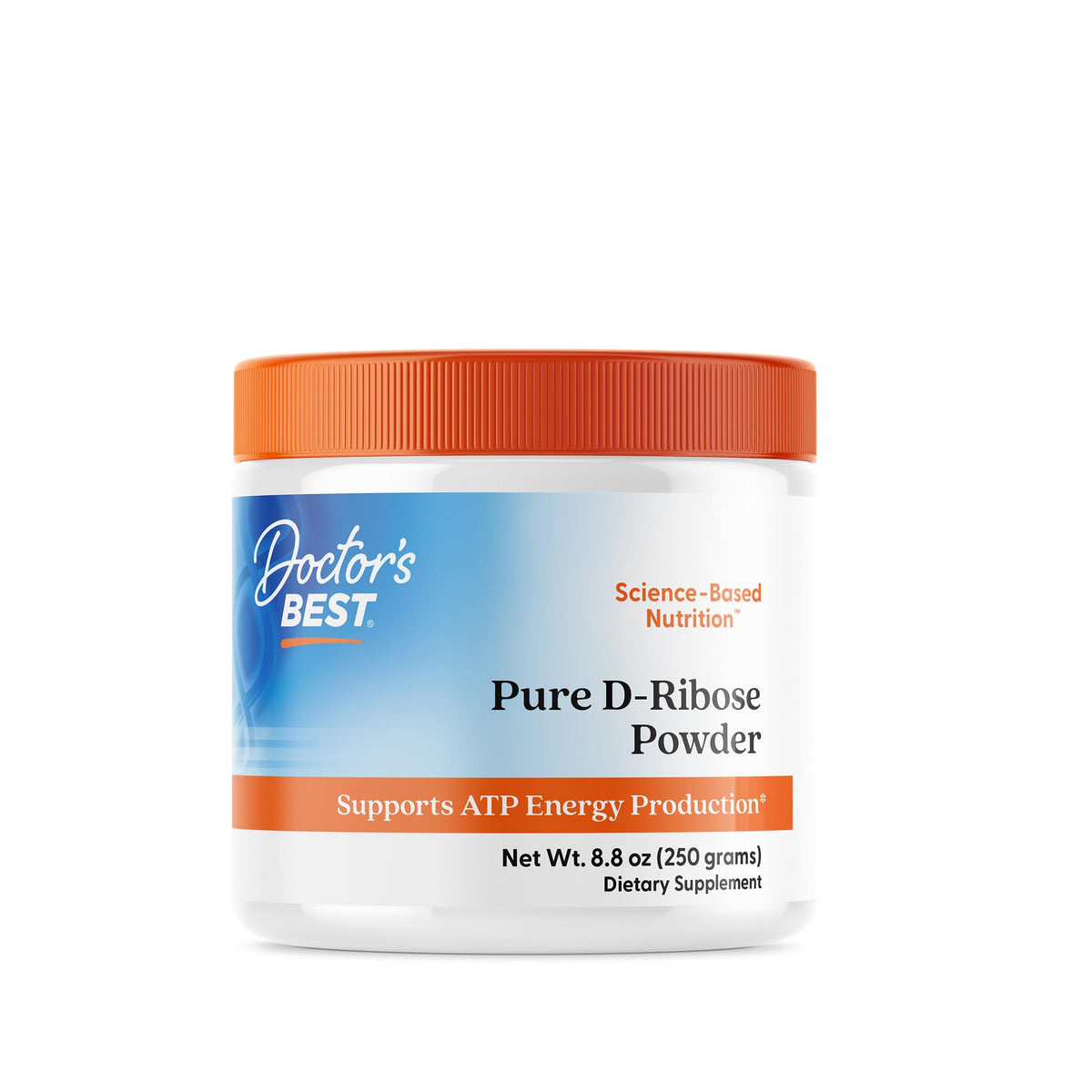 Doctor's Best D-Ribose con BioEnergy Ribose, botella con etiqueta, enfoque en energía.