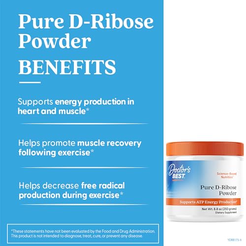 Polvo de Doctor's Best D-Ribose en la palma, uso diario.
