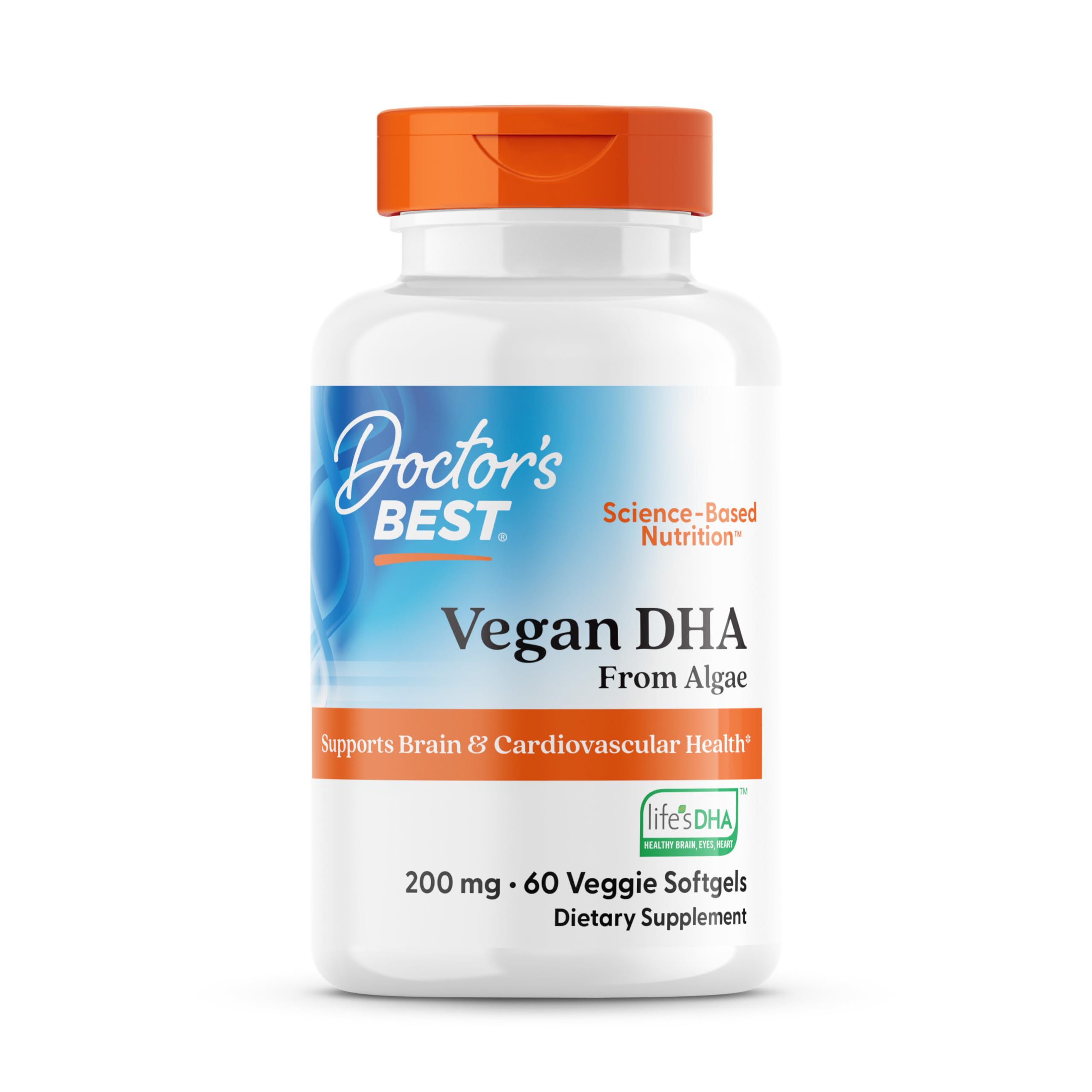 Doctor's Best Vegan DHA de algas, botella para apoyo al cerebro.