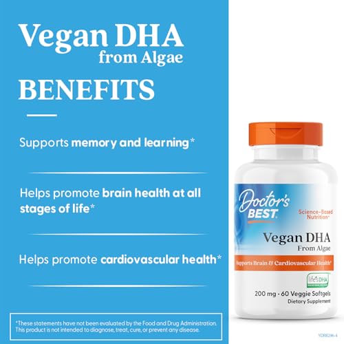 Etiqueta de Doctor's Best Vegan DHA, libre de gluten y OGM.