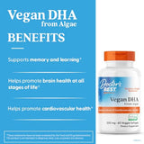 Etiqueta de Doctor's Best Vegan DHA, libre de gluten y OGM.