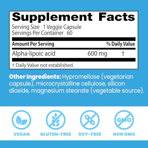 Etiqueta del producto Doctor's Best con dosis y beneficios del ácido alfa-lipoico.