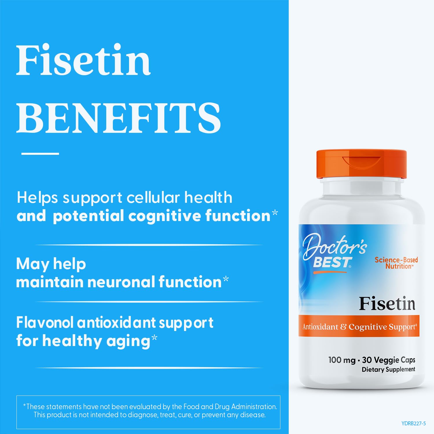 Doctor's BEST Fisetin: etiqueta detallada que destaca ingredientes y origen.