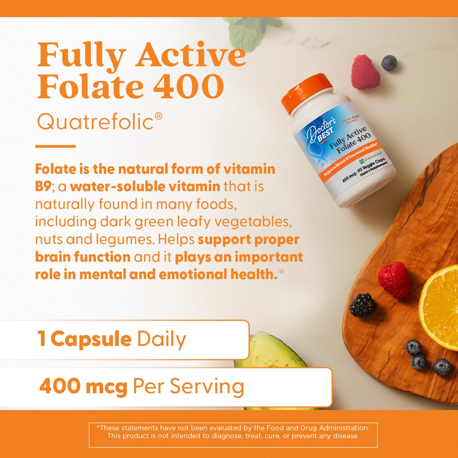 Doctor's Best Folato Quatrefolic, dosis diaria para toma con agua