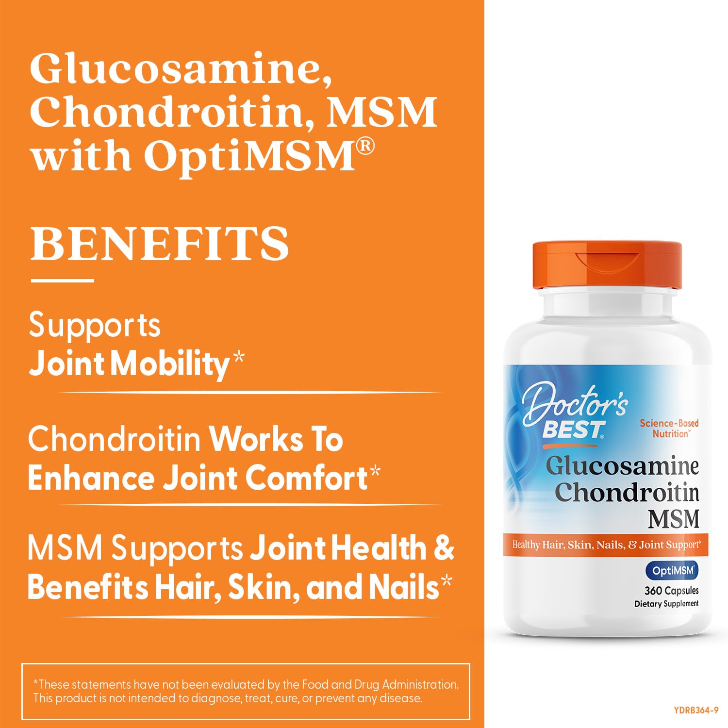 Doctor's Best Glucosamina Condroitina MSM cápsulas, vista trasera de la botella, ingredientes clave.