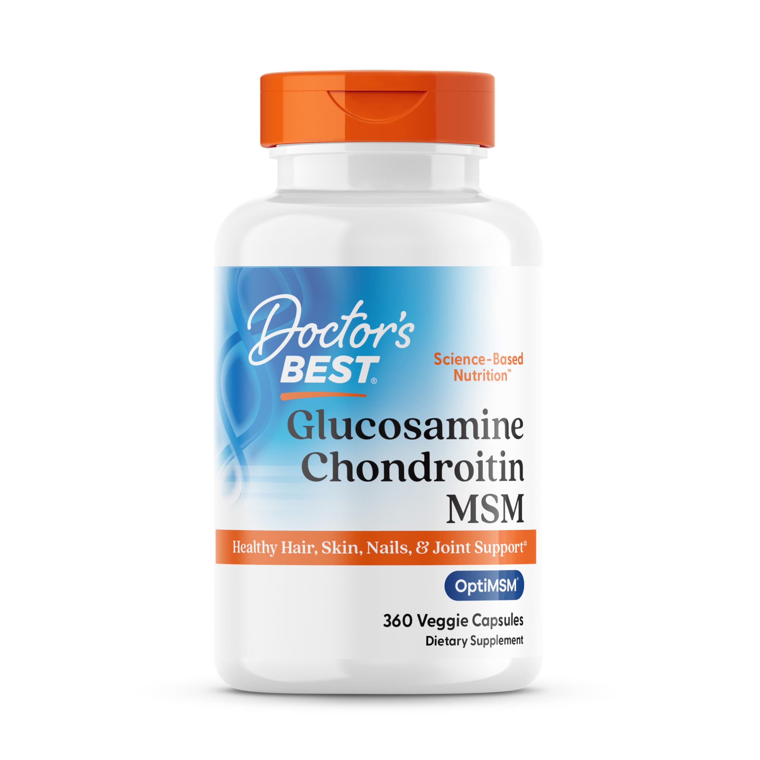 Doctor's Best Glucosamina Condroitina MSM cápsulas, vista frontal de la botella, apoyo a la movilidad.