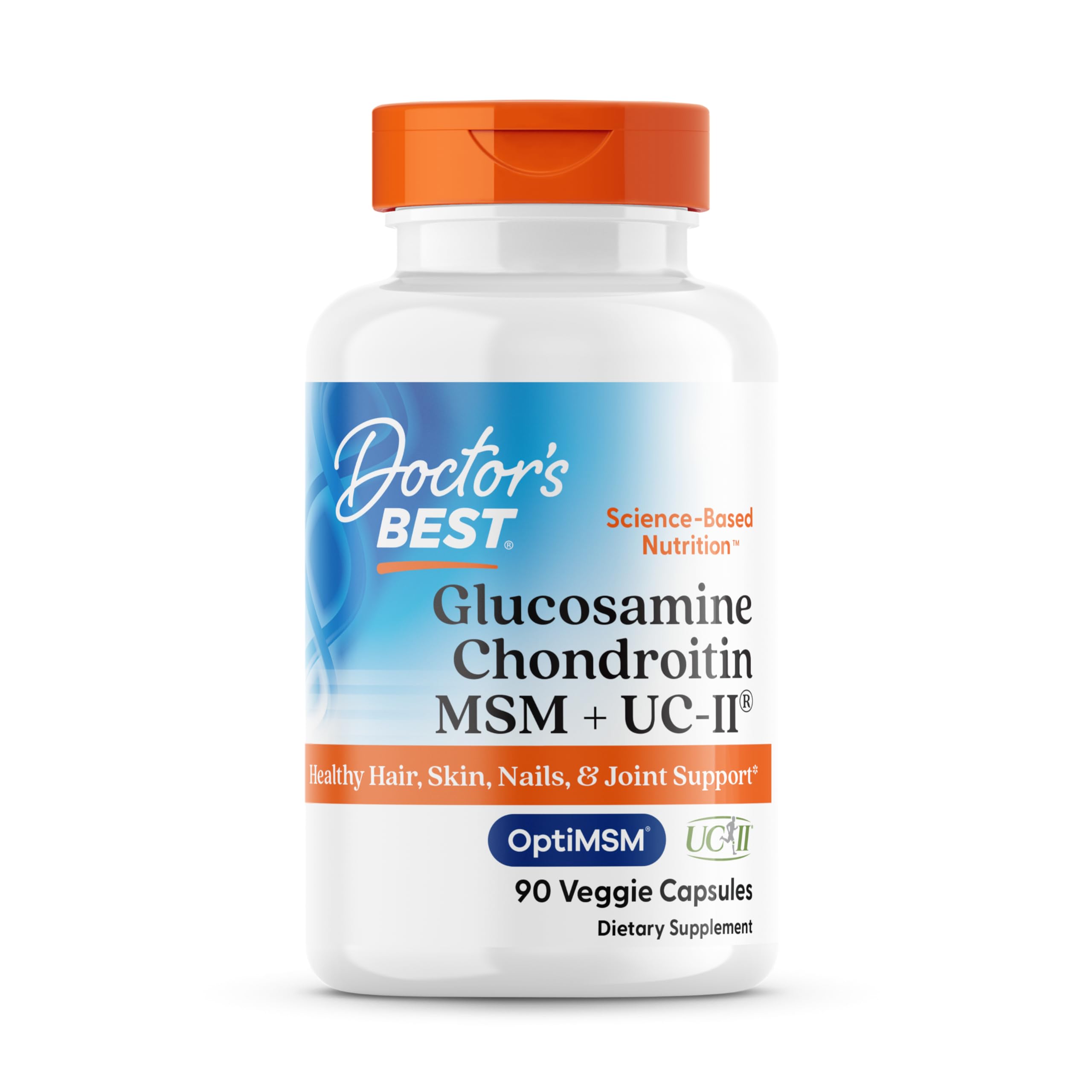 Doctor's Best Glucosamina-Condroitina-MSM-UCII en botella, soporte articular diario.