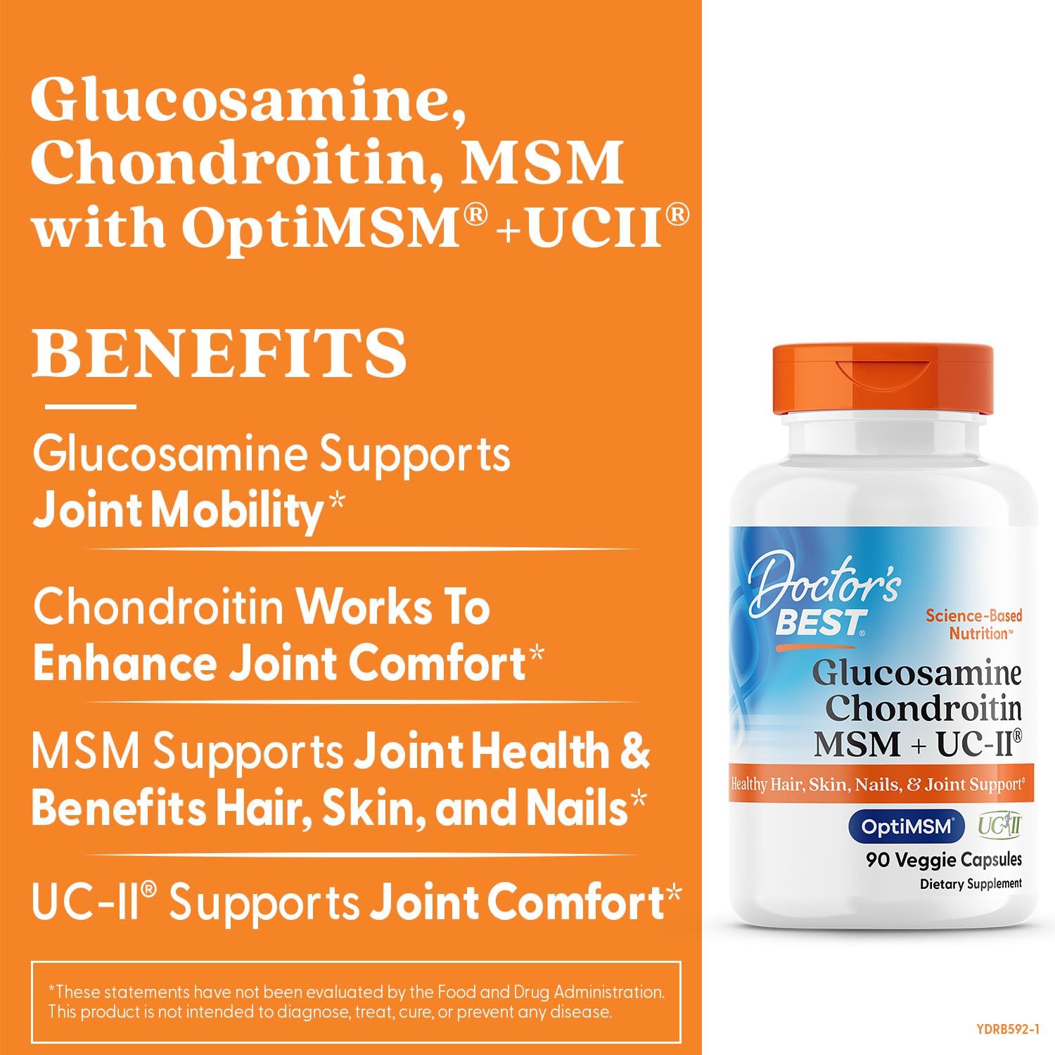 Cápsulas de Doctor's Best Glucosamina-Condroitina-MSM-UCII para movilidad diaria.
