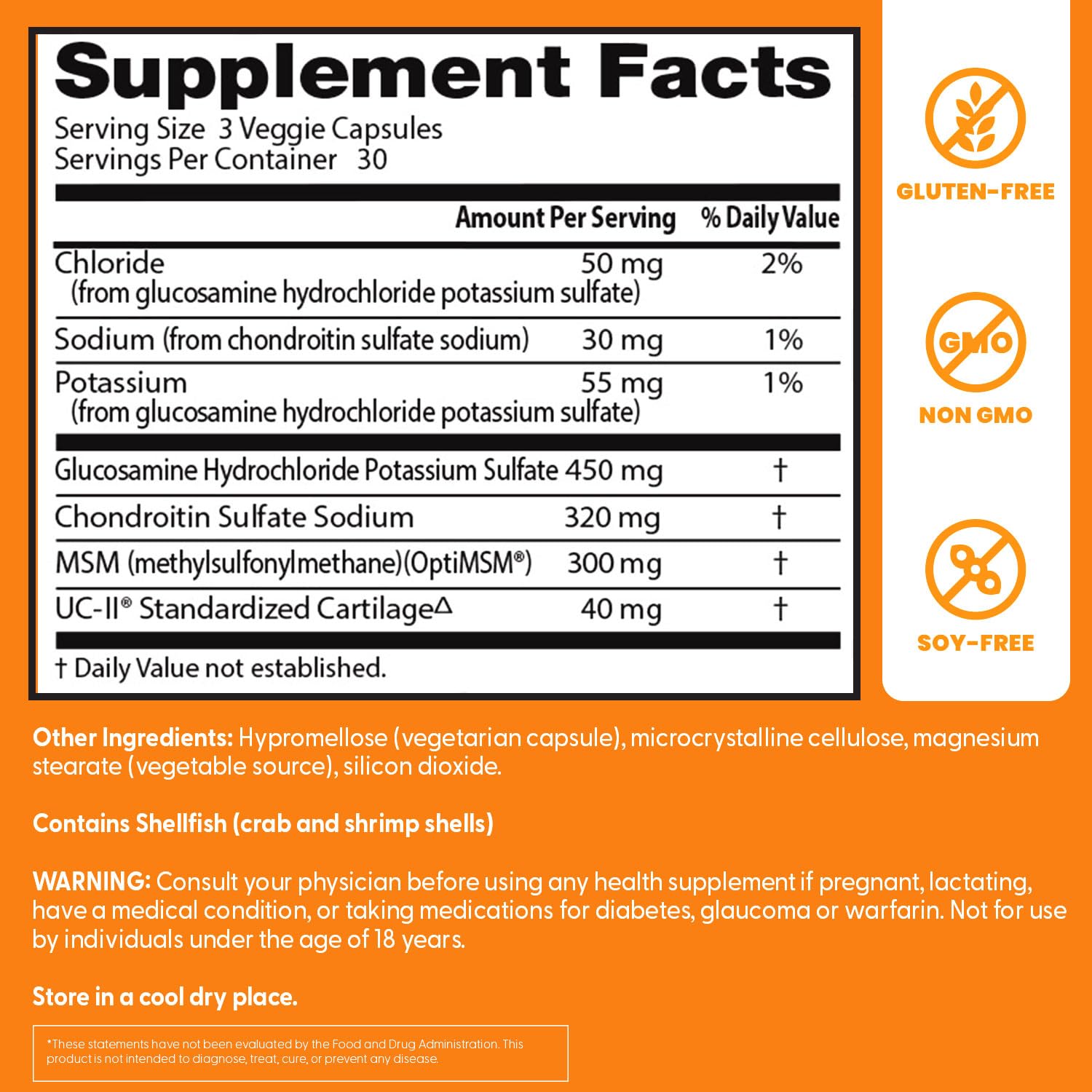 Etiqueta de Doctor's Best Glucosamina-Condroitina-MSM-UCII con información clara.