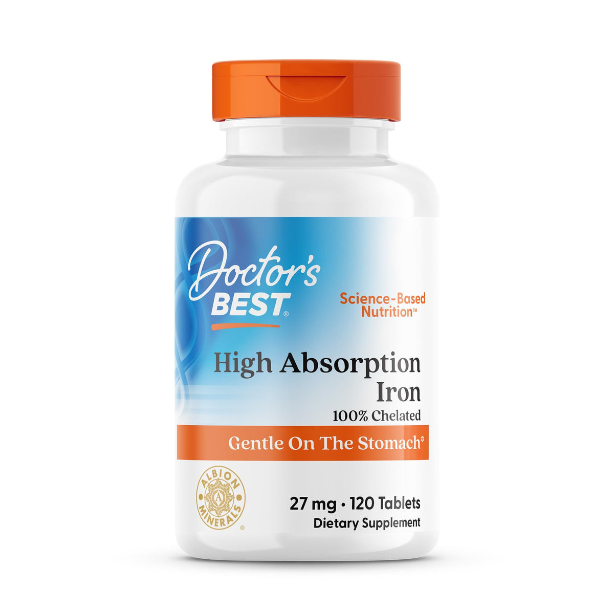 Tabletas de Doctor's Best Hierro Alta Absorción para digestión cómoda.
