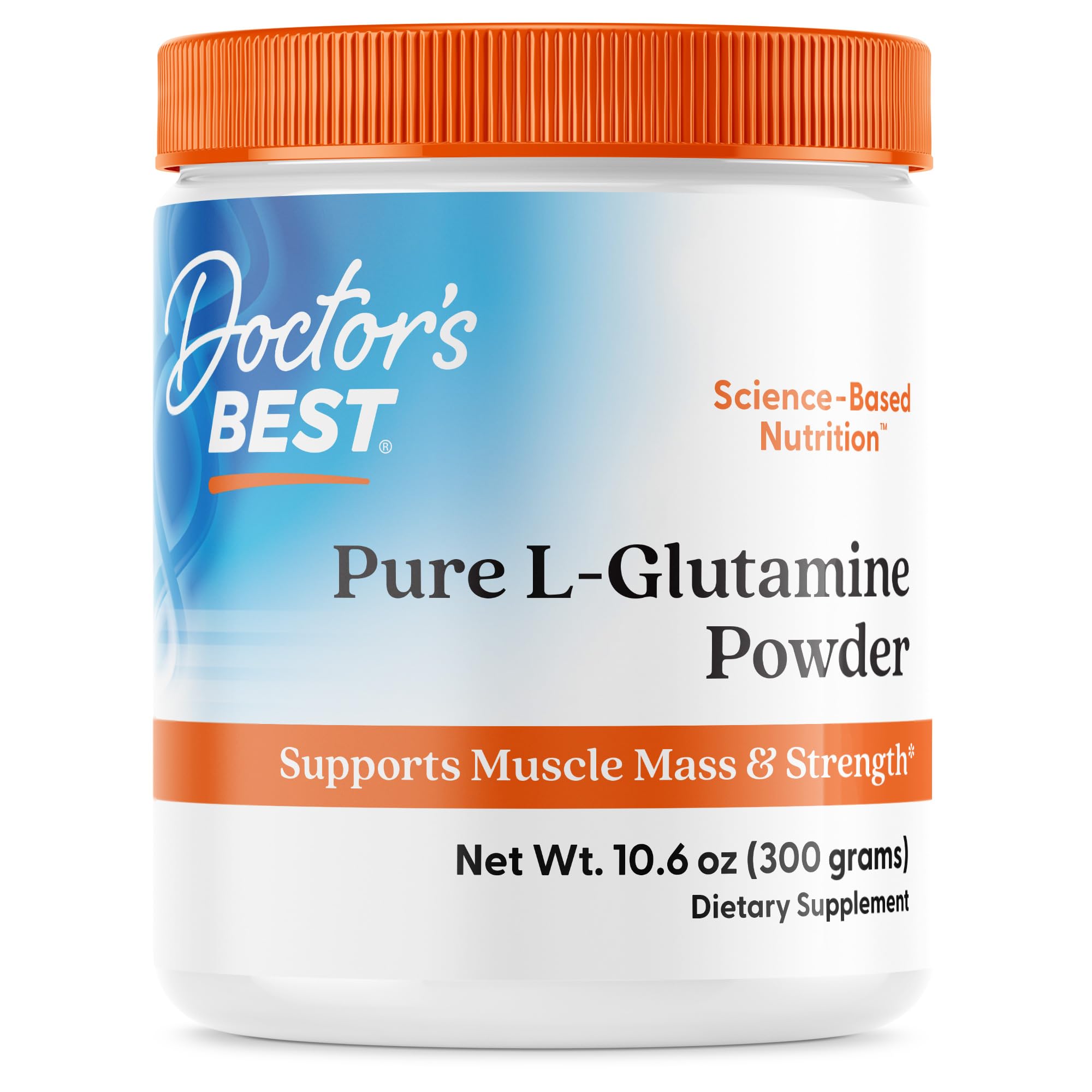 Doctor's BEST L-glutamina en polvo, tarro para apoyar la masa muscular.