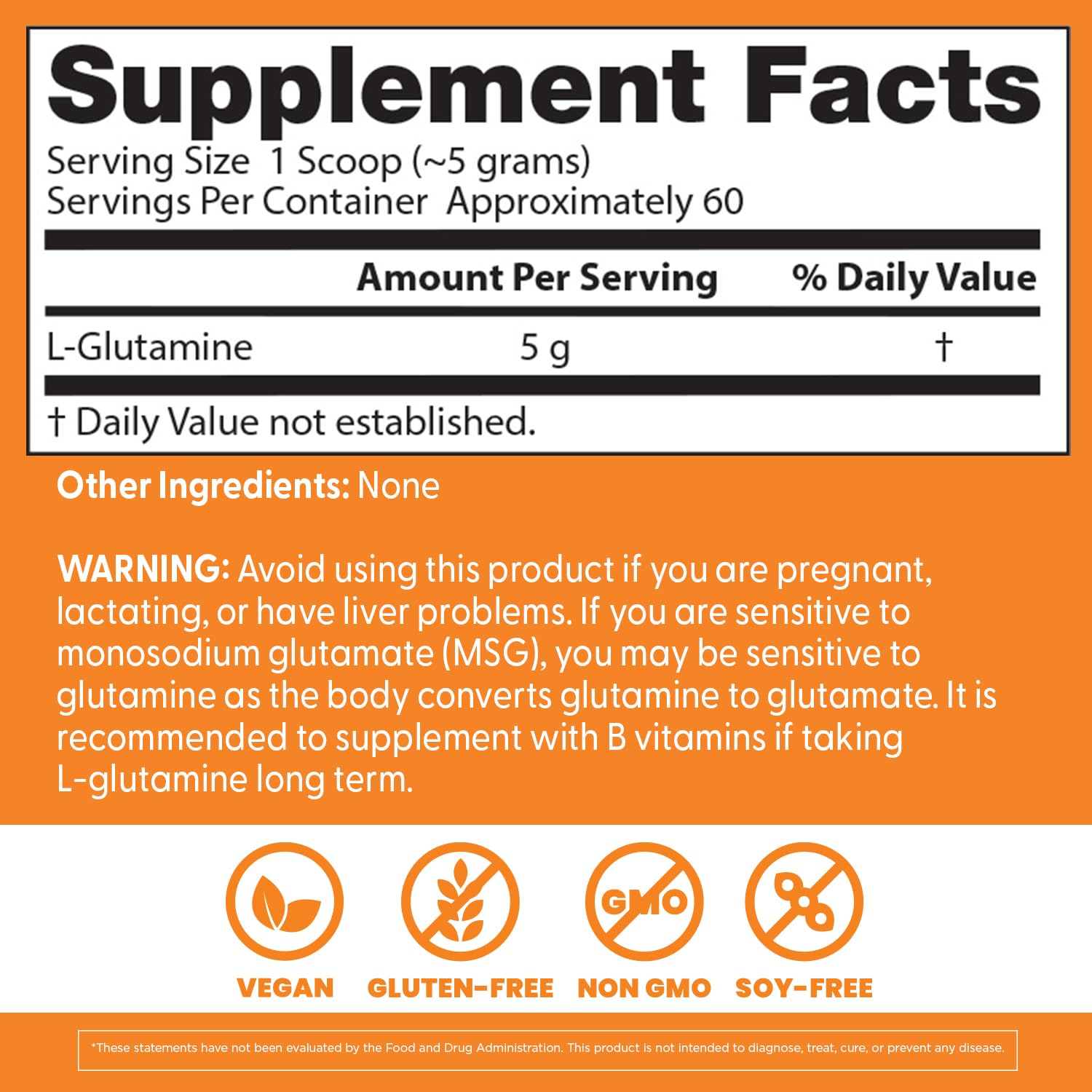 Etiqueta de Doctor's BEST L-glutamina, sin OGM, gluten ni soja.