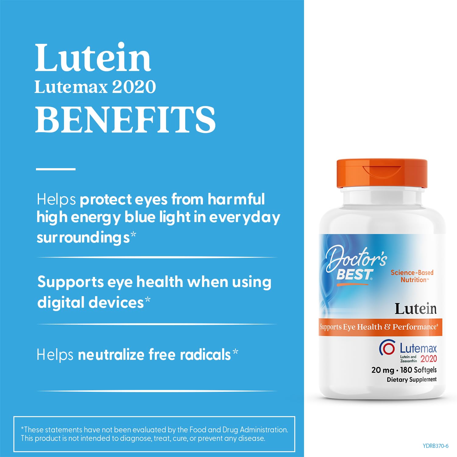 Doctor's BEST Luteína ingredientes clave: luteína y zeaxantina para la visión.