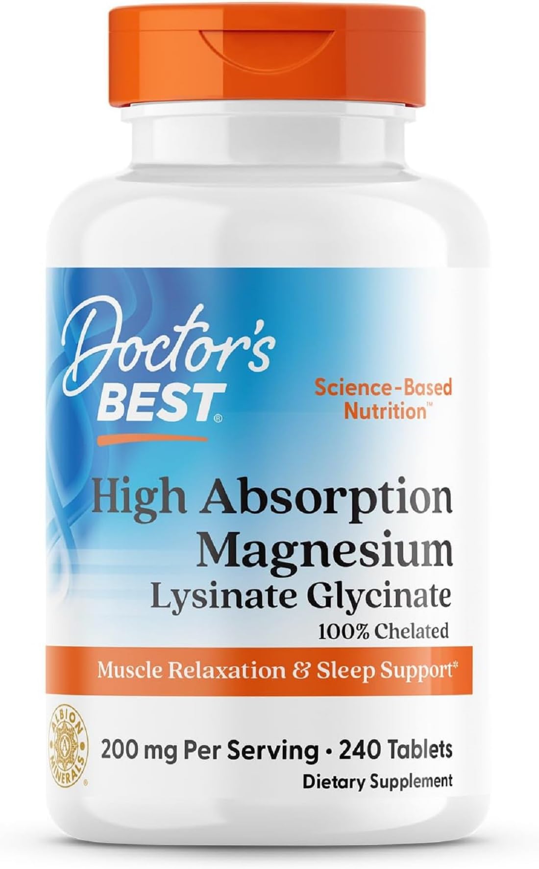 Doctor's Best magnesio glicinato-lysinato tabletas para apoyo muscular diario.