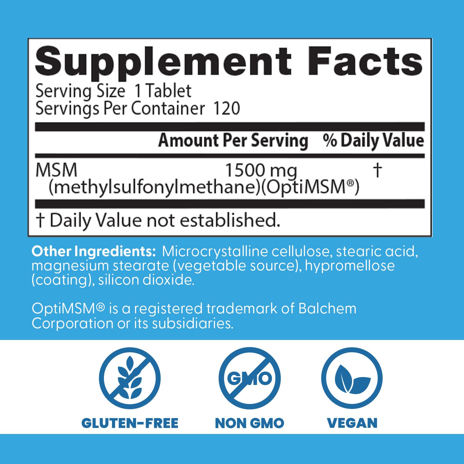Doctor's Best MSM, dosis de 1500 mg para uso diario.