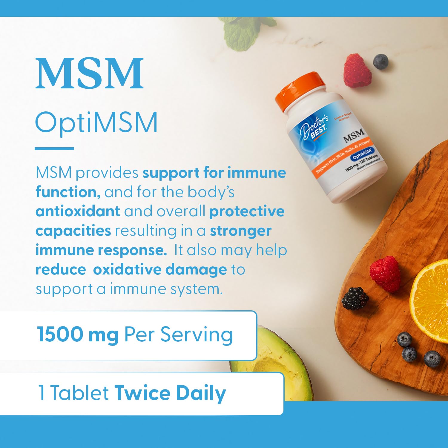 Doctor's Best MSM, icono vegano y sin gluten para consumo diario.