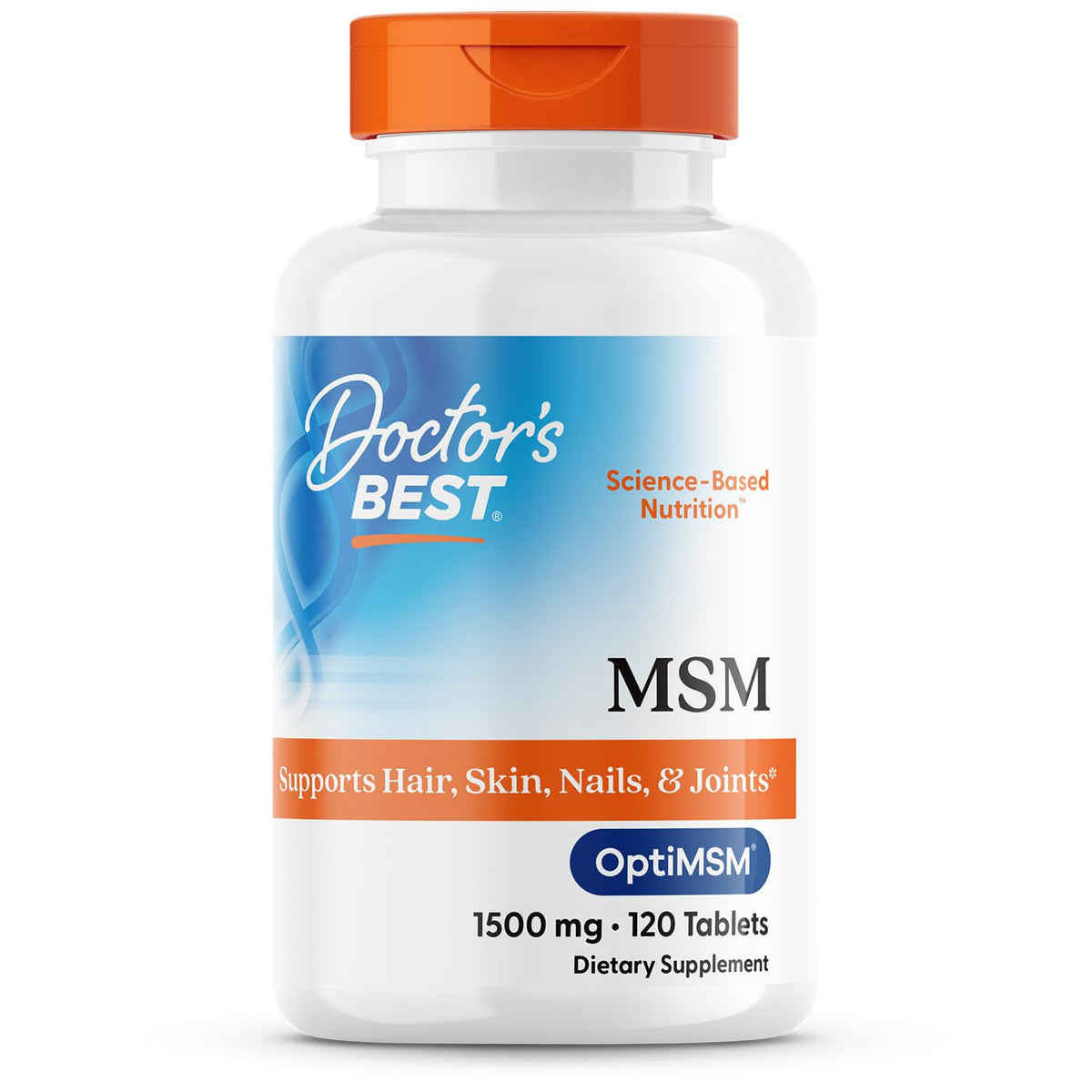 Doctor's Best MSM, botella de tabletas 1500 mg para piel y articulaciones.