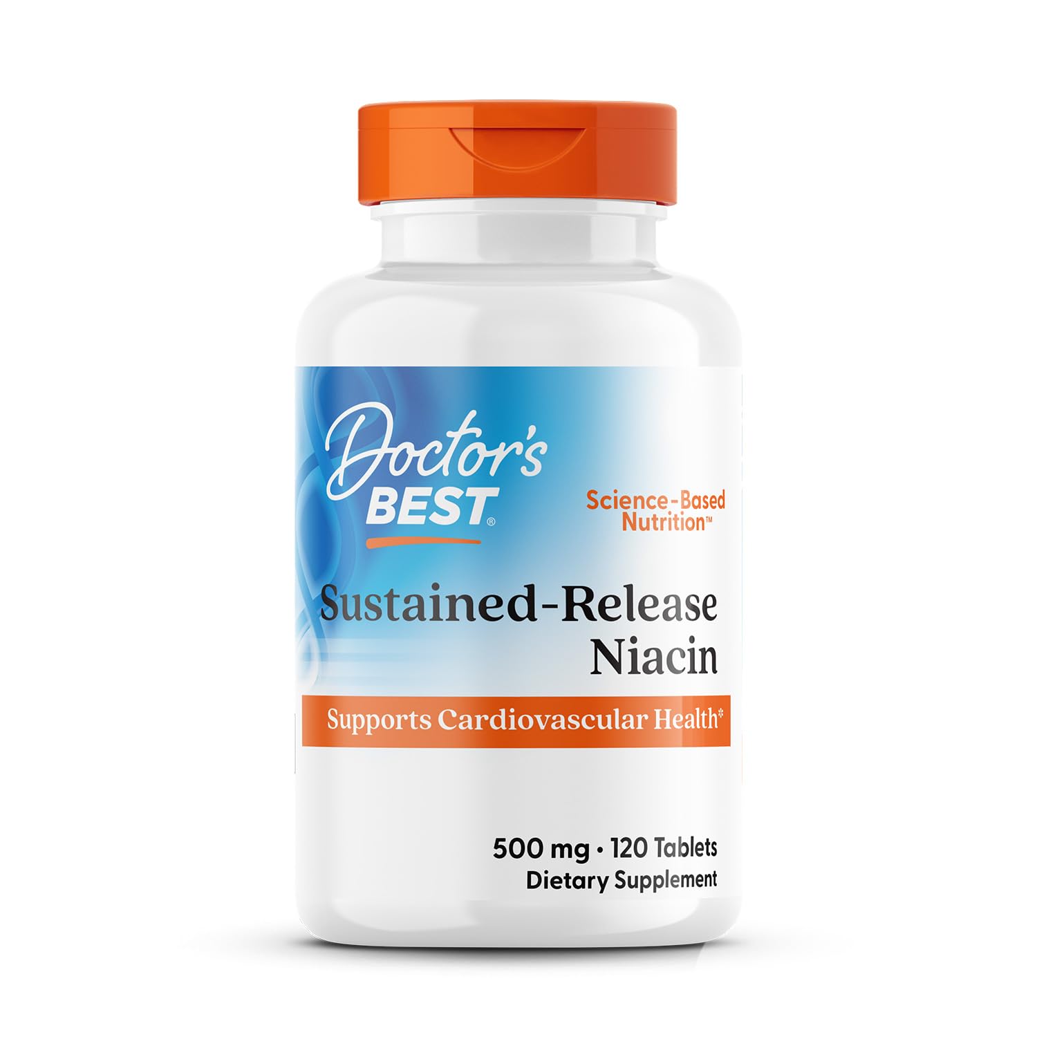 Doctor's Best Niacina 500 mg, botella, liberación extendida para minimizar enrojecimiento.