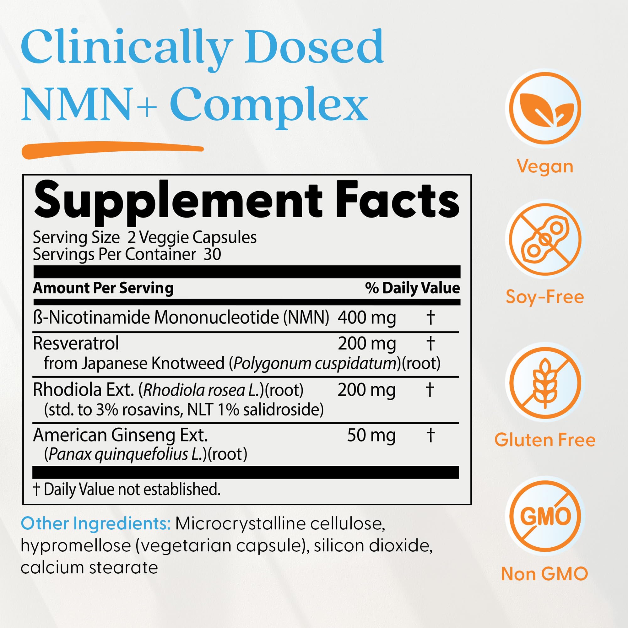 Etiqueta de Doctor's Best NMN+ con información de NMN, resveratrol y adaptógenos