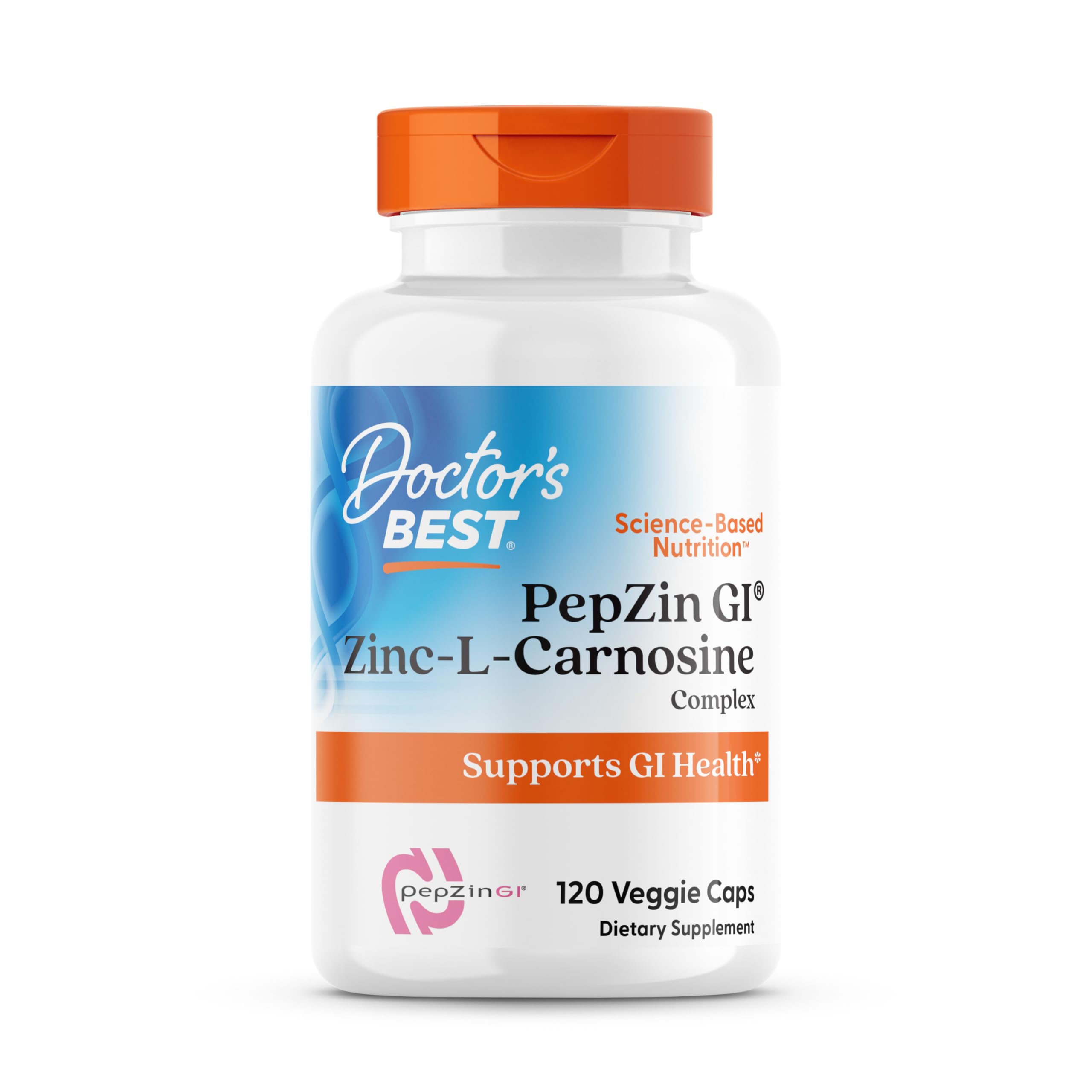 PepZin GI en botella de Doctor's Best, posible apoyo a la digestión diaria.