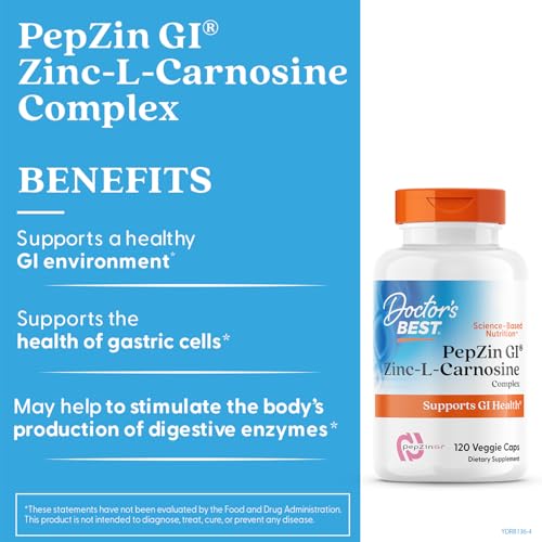 Etiqueta de PepZin GI de Doctor's Best mostrando beneficios potenciales para la mucosa.