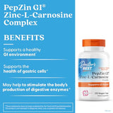 Etiqueta de PepZin GI de Doctor's Best mostrando beneficios potenciales para la mucosa.