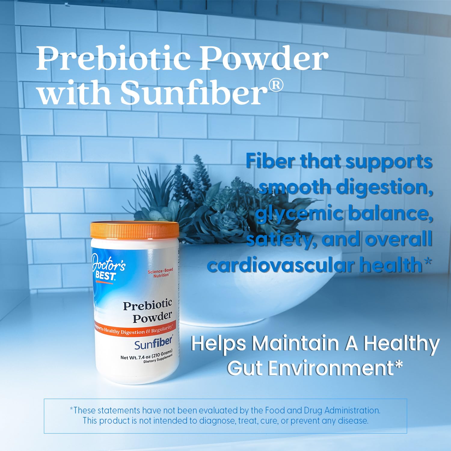 Doctor's Best Prebiotic Powder empaque de 7,4 oz para consumo diario.