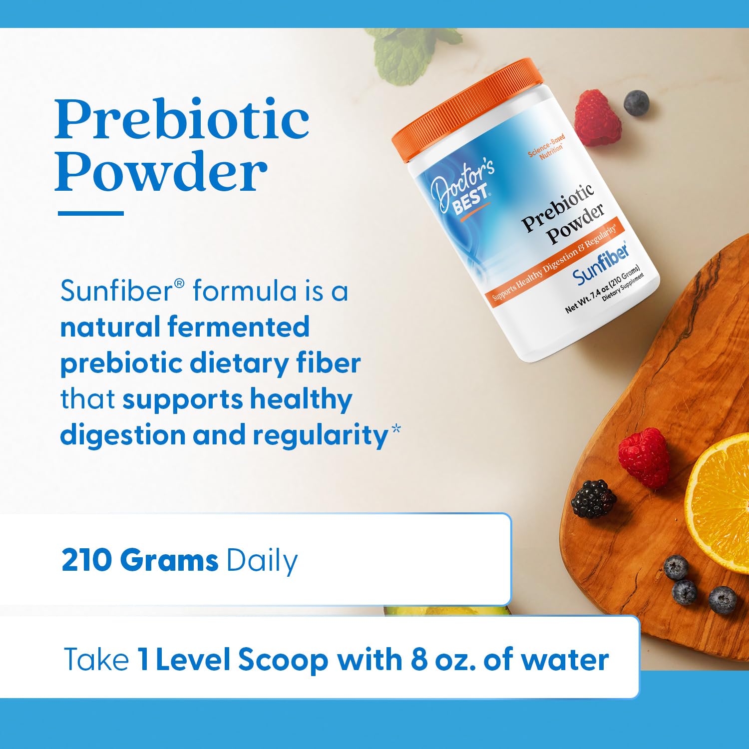 Doctor's Best Prebiotic Powder textura polvo fino, disolución rápida.