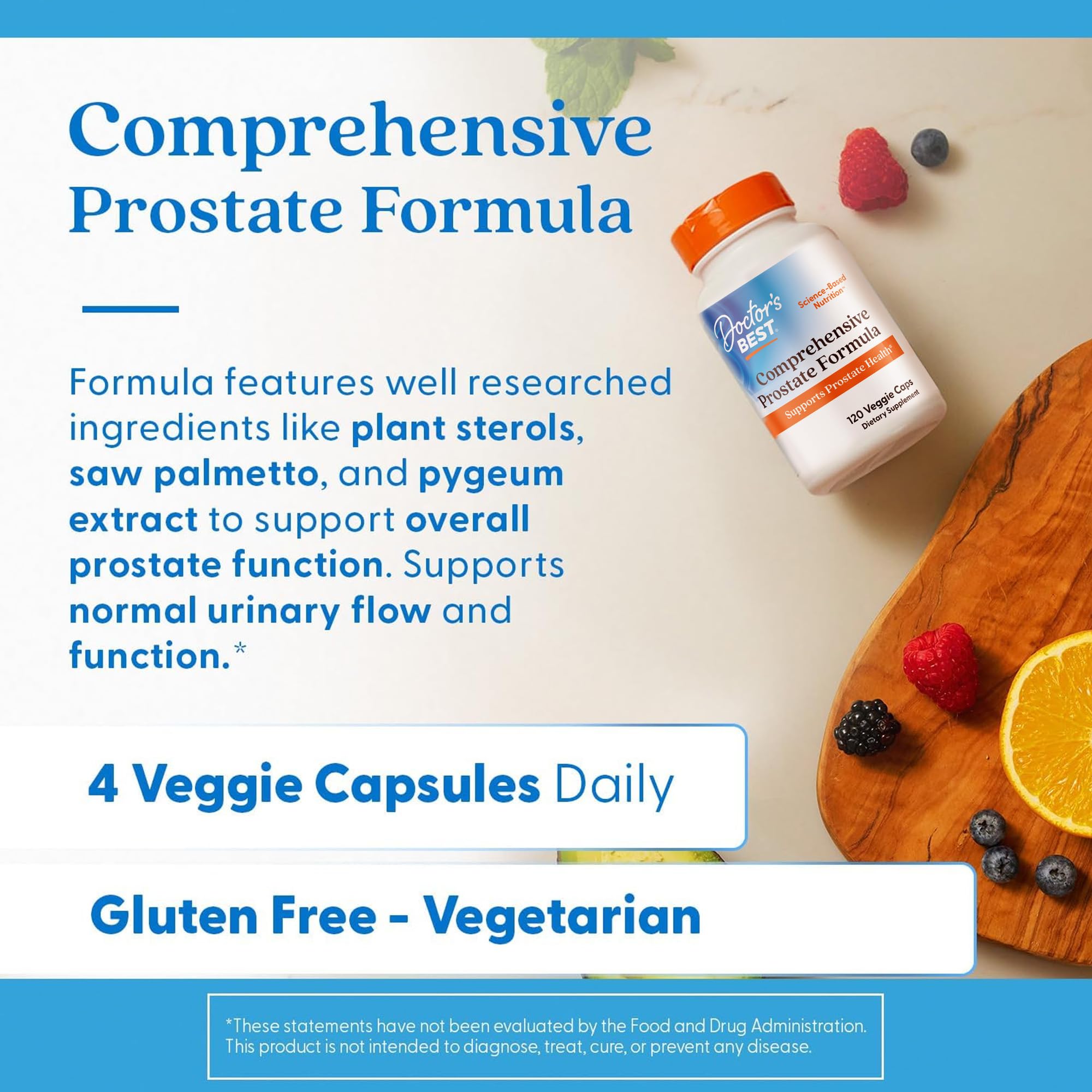 Capsulas vegetales de Doctors Best, opción vegetariana para bienestar prostático.