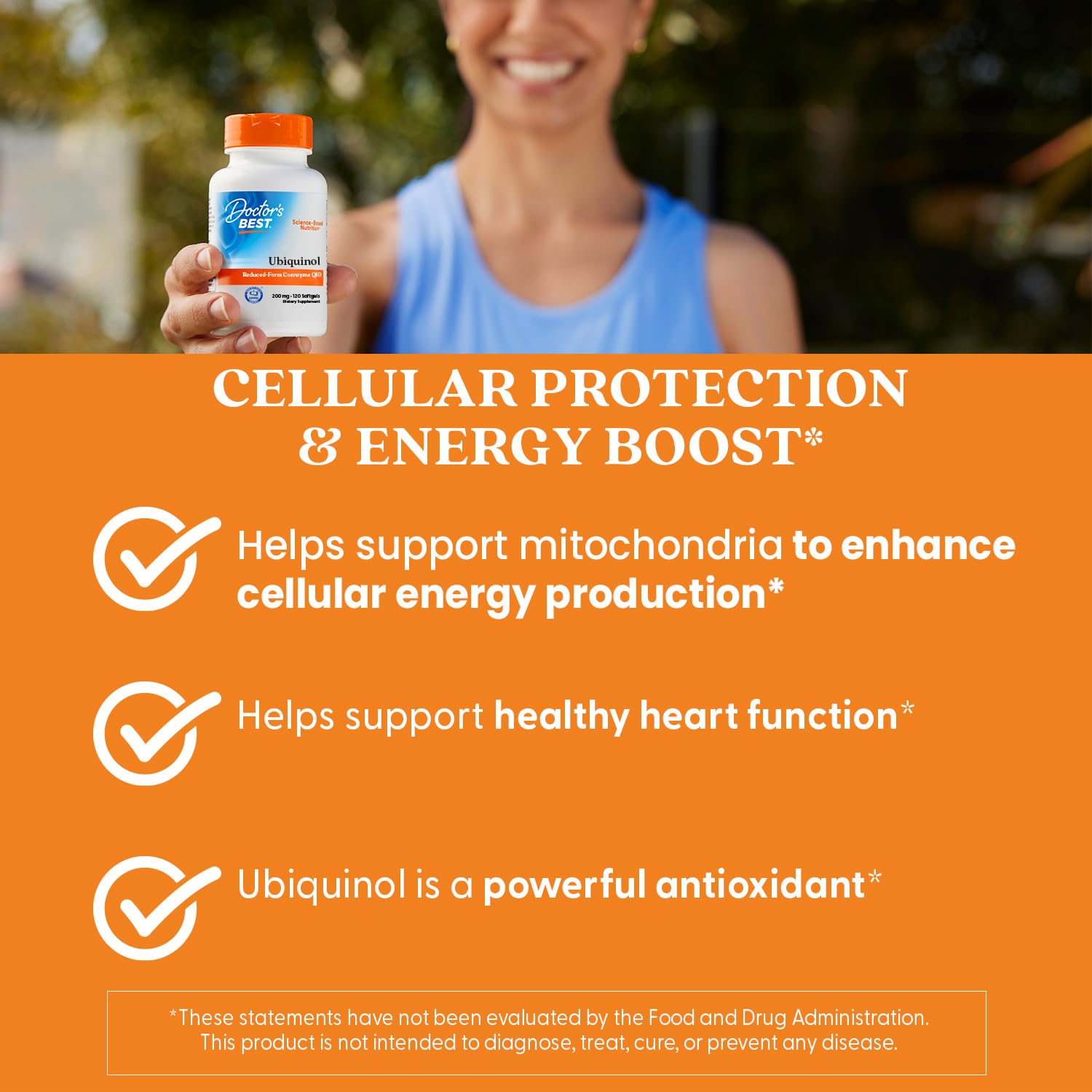Uso diario recomendado de Doctor's Best ubiquinol 200 mg para energía sostenida.