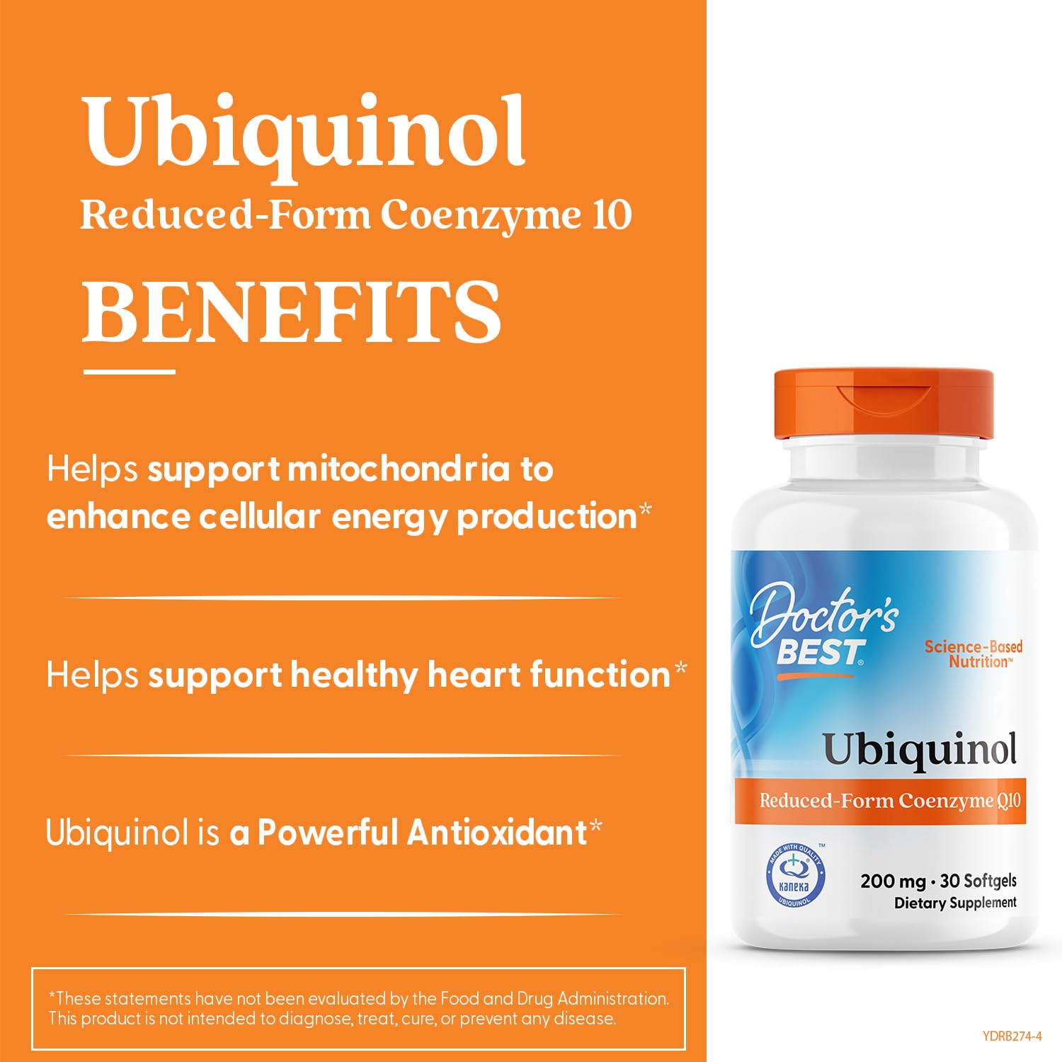 Envase abierto de Doctor's Best Ubiquinol con cápsulas listas para tomar