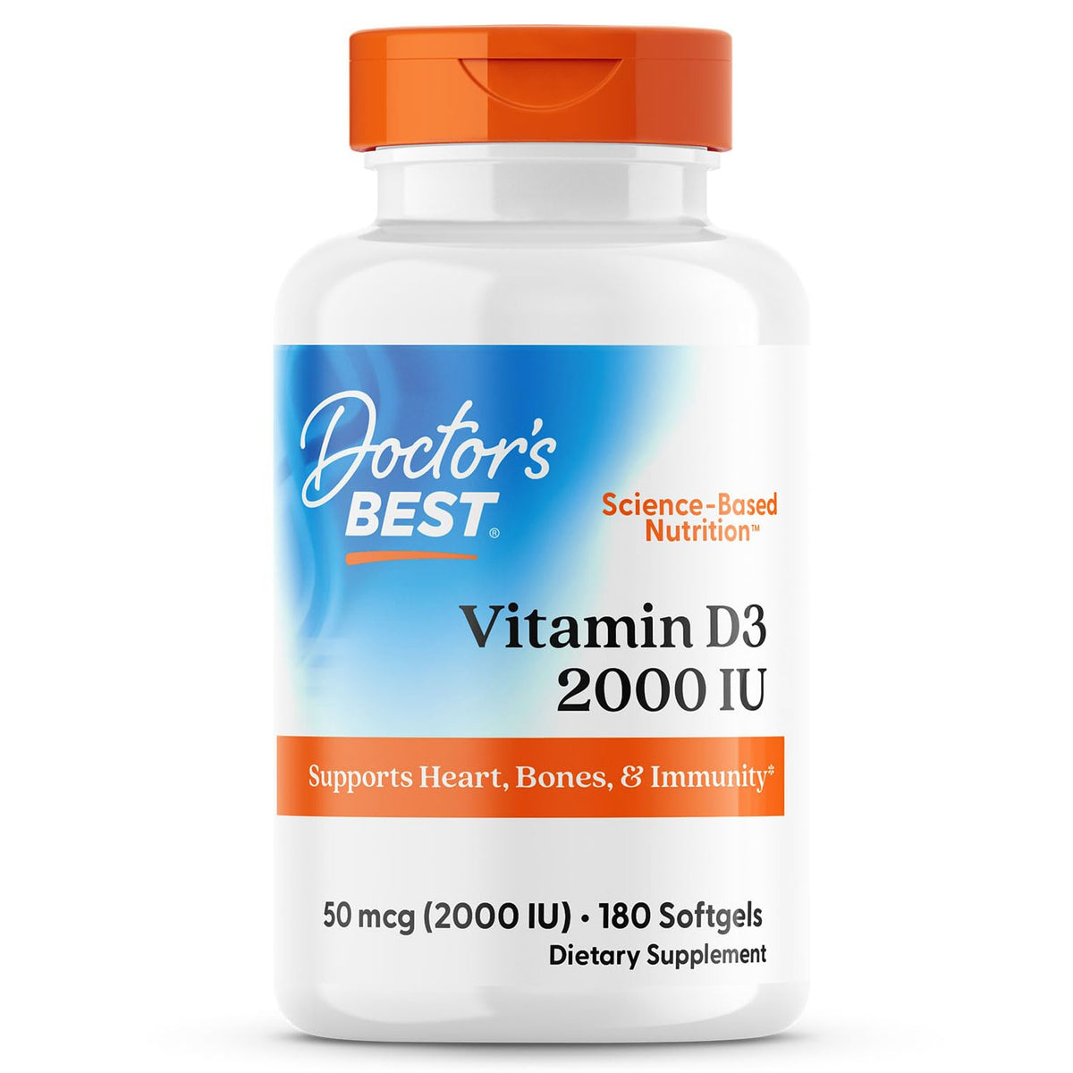 Doctor's Best Vitamin D3 2000 UI, frontal de la botella, apoya la salud ósea