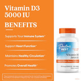 Doctor's Best Vitamina D3 5000 UI en etiqueta, información de dosis para una ingesta diaria.