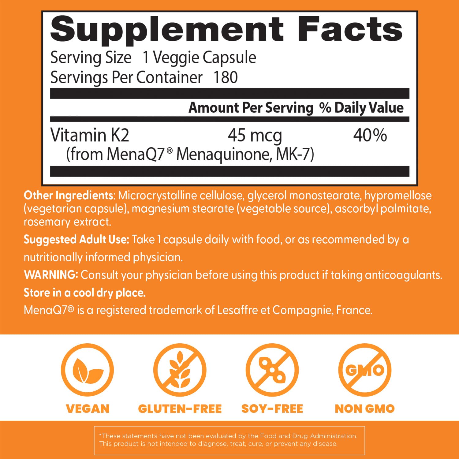Etiqueta de Doctor's Best K2 MK-7 con información de ingredientes y valor nutricional.