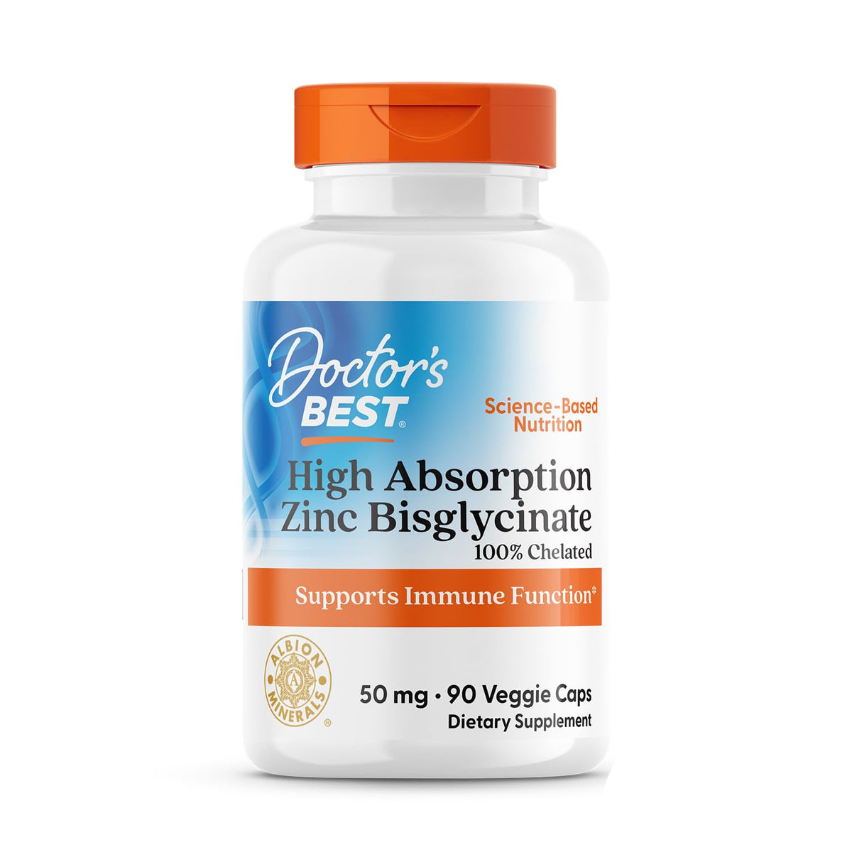 Doctor's Best Zinc Bisglicinato 50 mg: botella con cápsulas de alta absorción para apoyo inmunitario.