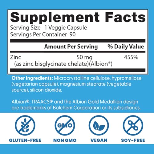 Doctor's Best Zinc Bisglicinato 50 mg, etiqueta informativa clara para uso diario.