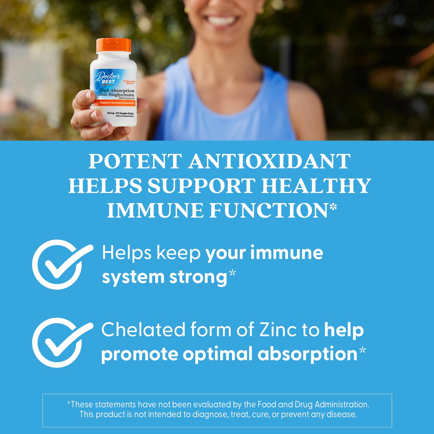 Doctor's Best Zinc Bisglicinato 50 mg, uso diario para rutina de bienestar.