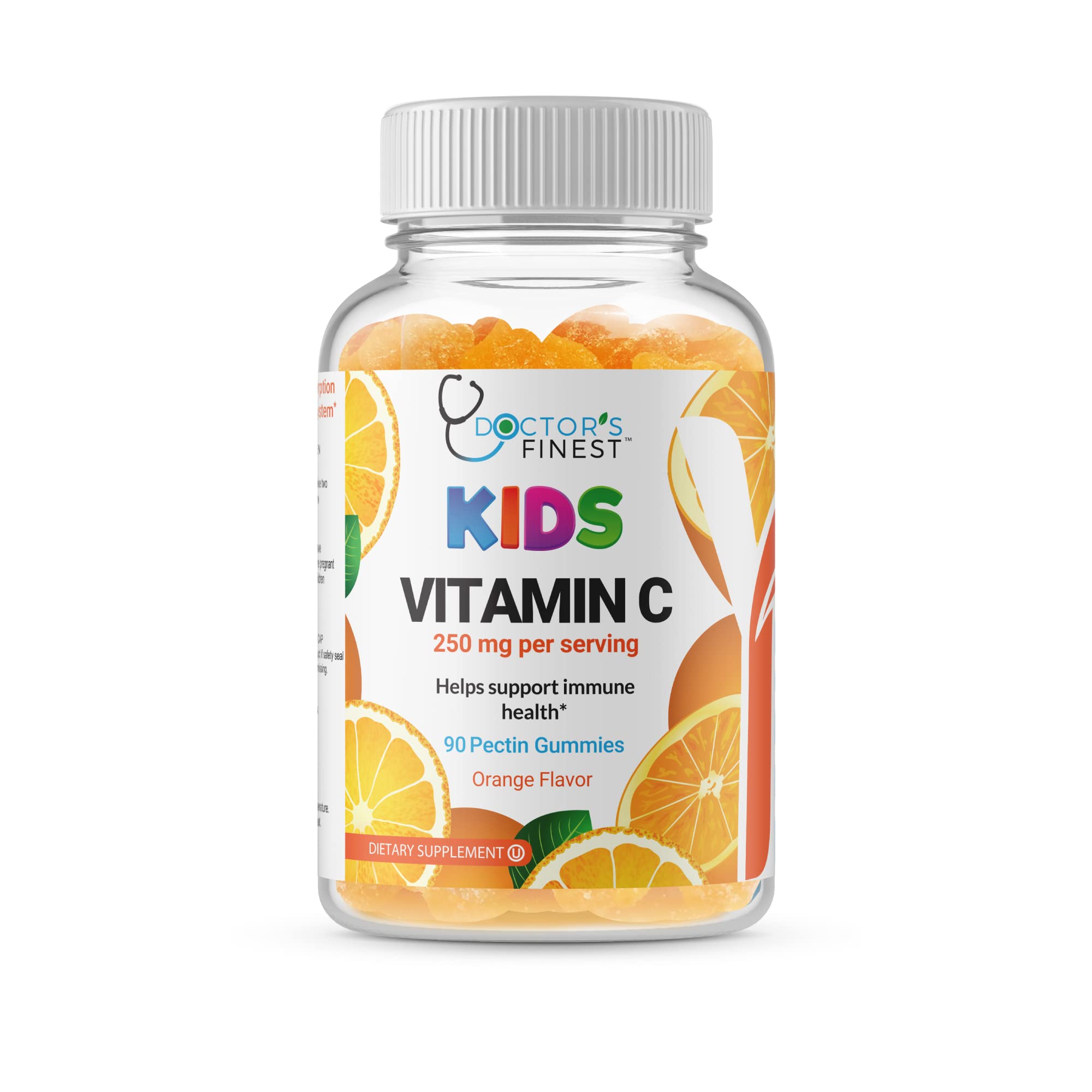 Gomitas de vitamina C para niños en un bote, sabor naranja, apoyo inmunitario diario.