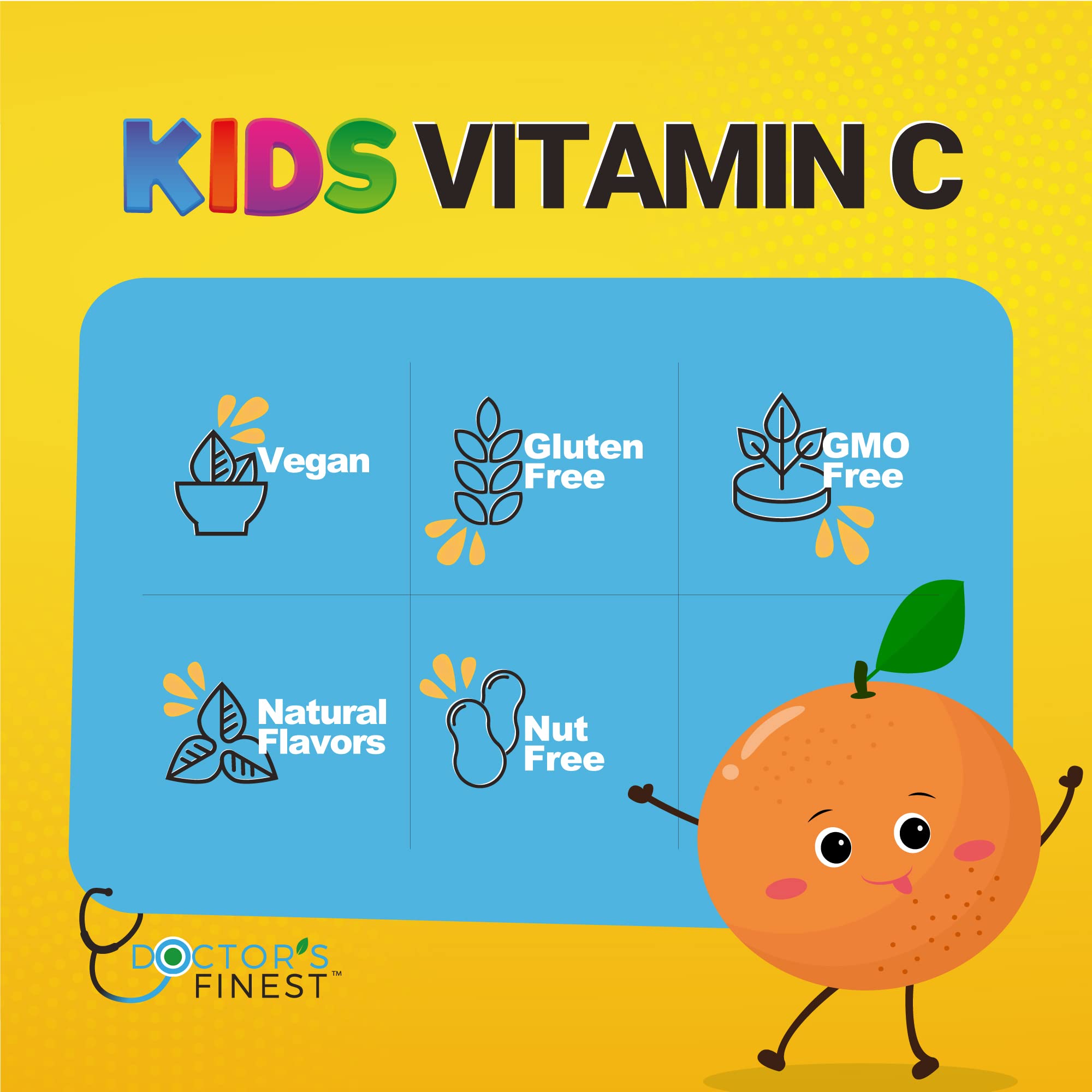 Etiqueta de Doctors Orders: vitamina C para niños, vegano y sin gluten.