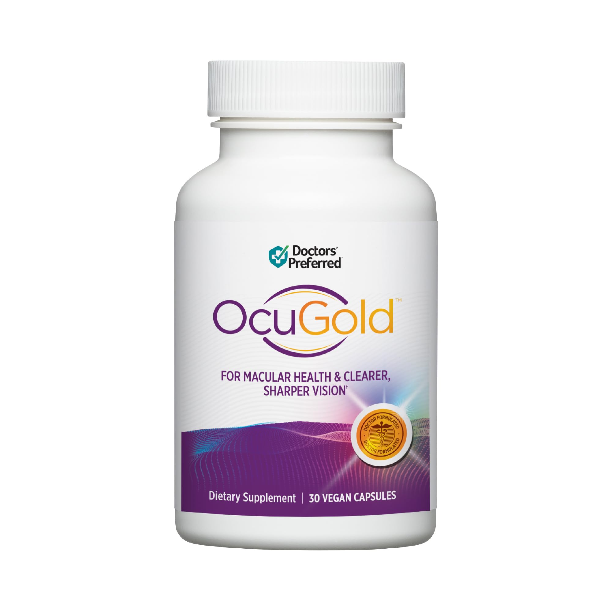DOCTORS' PREFERRED OcuGold, botella de cápsulas para uso diario y conveniencia visual