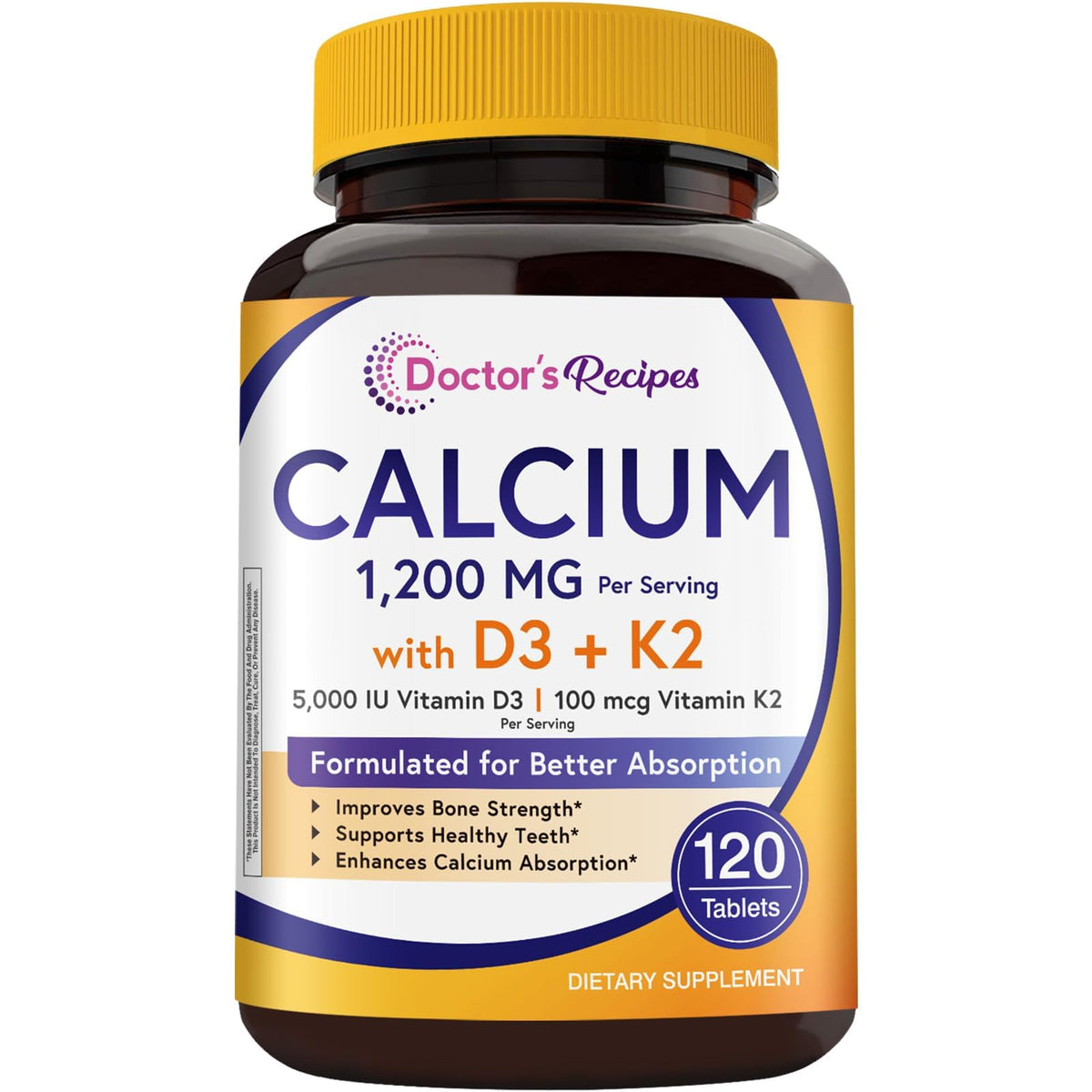 Doctor's Recipes Calcio 1200mg con D3 y K2 en botella para huesos fuertes